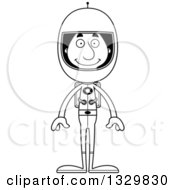 Lineart Clipart Of A Cartoon Black And White Happy Tall Skinny Hispanic Man Astronaut Royalty Free Outline Vector Illustration