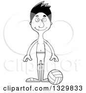 Lineart Clipart Of A Cartoon Black And White Happy Tall Skinny Hispanic Man Beach Volleyball Player Royalty Free Outline Vector Illustration