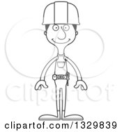 Lineart Clipart Of A Cartoon Black And White Happy Tall Skinny Hispanic Man Construction Worker Royalty Free Outline Vector Illustration