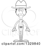 Lineart Clipart Of A Cartoon Black And White Happy Tall Skinny Hispanic Cowboy Man Royalty Free Outline Vector Illustration