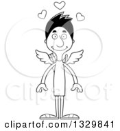 Lineart Clipart Of A Cartoon Black And White Happy Tall Skinny Hispanic Cupid Man Royalty Free Outline Vector Illustration