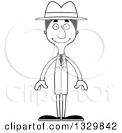 Lineart Clipart Of A Cartoon Black And White Happy Tall Skinny Hispanic Man Detective Royalty Free Outline Vector Illustration