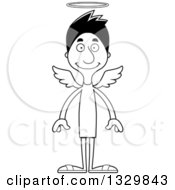 Lineart Clipart Of A Cartoon Black And White Happy Tall Skinny Hispanic Man Angel Royalty Free Outline Vector Illustration