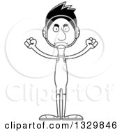Lineart Clipart Of A Cartoon Black And White Angry Tall Skinny Hispanic Man Wrestler Royalty Free Outline Vector Illustration