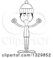Lineart Clipart Of A Cartoon Black And White Angry Tall Skinny Hispanic Man In Winter Clothes Royalty Free Outline Vector Illustration