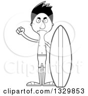 Lineart Clipart Of A Cartoon Black And White Angry Tall Skinny Hispanic Man Surfer Royalty Free Outline Vector Illustration