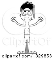 Lineart Clipart Of A Cartoon Black And White Angry Tall Skinny Hispanic Man In Snorkel Gear Royalty Free Outline Vector Illustration