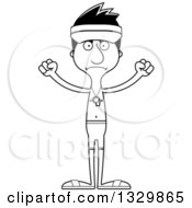 Lineart Clipart Of A Cartoon Black And White Angry Tall Skinny Hispanic Man Lifeguard Royalty Free Outline Vector Illustration