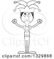 Lineart Clipart Of A Cartoon Black And White Angry Tall Skinny Hispanic Man Jester Royalty Free Outline Vector Illustration