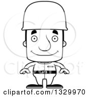 Lineart Clipart Of A Cartoon Black And White Happy Block Headed White Man Soldier Royalty Free Outline Vector Illustration