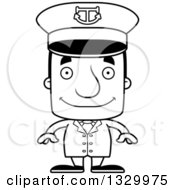 Lineart Clipart Of A Cartoon Black And White Happy Block Headed White Man Boat Captain Royalty Free Outline Vector Illustration