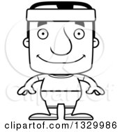 Lineart Clipart Of A Cartoon Black And White Happy Block Headed White Fitness Man Royalty Free Outline Vector Illustration