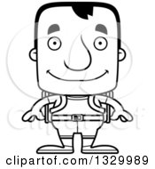 Lineart Clipart Of A Cartoon Black And White Happy Block Headed White Man Hiker Royalty Free Outline Vector Illustration