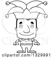 Lineart Clipart Of A Cartoon Black And White Happy Block Headed White Man Jester Royalty Free Outline Vector Illustration