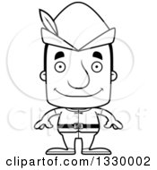 Lineart Clipart Of A Cartoon Black And White Happy Block Headed White Robin Hood Man Royalty Free Outline Vector Illustration
