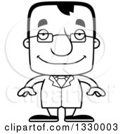 Lineart Clipart Of A Cartoon Black And White Happy Block Headed White Man Scientist Royalty Free Outline Vector Illustration