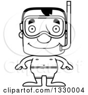 Lineart Clipart Of A Cartoon Black And White Happy Block Headed White Man In Snorkel Gear Royalty Free Outline Vector Illustration