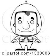 Lineart Clipart Of A Cartoon Black And White Happy Block Headed Futuristic White Space Man Royalty Free Outline Vector Illustration