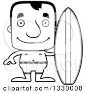 Lineart Clipart Of A Cartoon Black And White Happy Block Headed White Man Surfer Royalty Free Outline Vector Illustration