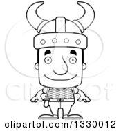 Lineart Clipart Of A Cartoon Black And White Happy Block Headed White Viking Man Royalty Free Outline Vector Illustration