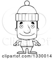 Lineart Clipart Of A Cartoon Black And White Happy Block Headed White Man In Winter Clothes Royalty Free Outline Vector Illustration