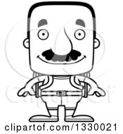 Cartoon Black And White Happy Block Headed Hispanic Hiker Man With A Mustache