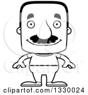 Cartoon Black And White Happy Block Headed Casual Hispanic Man With A Mustache