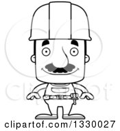 Cartoon Black And White Happy Block Headed Hispanic Construction Worker Man With A Mustache