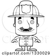 Cartoon Black And White Happy Block Headed Hispanic Fire Man With A Mustache