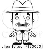 Cartoon Black And White Happy Block Headed Hispanic Detective Man With A Mustache