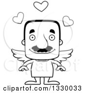 Cartoon Black And White Happy Block Headed Hispanic Cupid Man With A Mustache