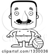 Poster, Art Print Of Cartoon Black And White Happy Block Headed Hispanic Beach Volleyball Player Man With A Mustache