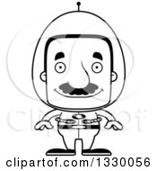 Lineart Clipart Of A Cartoon Black And White Happy Block Headed Futuristic Hispanic Space Man With A Mustache Royalty Free Outline Vector Illustration