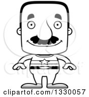Lineart Clipart Of A Cartoon Black And White Happy Block Headed Hispanic Super Man With A Mustache Royalty Free Outline Vector Illustration