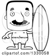 Lineart Clipart Of A Cartoon Black And White Happy Block Headed Hispanic Surfer Man With A Mustache Royalty Free Outline Vector Illustration