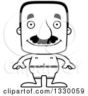Lineart Clipart Of A Cartoon Black And White Happy Block Headed Hispanic Swimmer Man With A Mustache Royalty Free Outline Vector Illustration