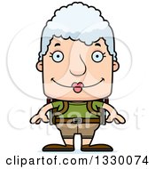 Cartoon Happy Block Headed White Senior Woman Hiker