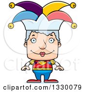 Cartoon Happy Block Headed White Senior Woman Jester