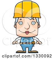 Cartoon Happy Block Headed White Senior Woman Construction Worker