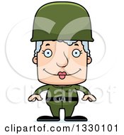 Cartoon Happy Block Headed White Senior Woman Soldier