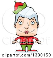Clipart Of A Cartoon Happy Block Headed White Senior Woman Christmas Elf Royalty Free Vector Illustration