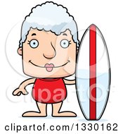 Clipart Of A Cartoon Happy Block Headed White Senior Woman Surfer Royalty Free Vector Illustration
