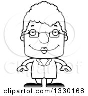 Lineart Clipart Of A Cartoon Black And White Happy Block Headed White Senior Woman Scientist Royalty Free Outline Vector Illustration
