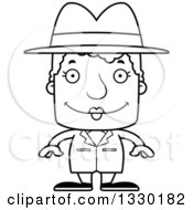 Lineart Clipart Of A Cartoon Black And White Happy Block Headed White Senior Woman Detective Royalty Free Outline Vector Illustration