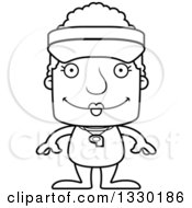 Lineart Clipart Of A Cartoon Black And White Happy Block Headed White Senior Woman Lifeguard Royalty Free Outline Vector Illustration