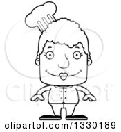 Lineart Clipart Of A Cartoon Black And White Happy Block Headed White Senior Woman Chef Royalty Free Outline Vector Illustration