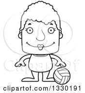 Lineart Clipart Of A Cartoon Black And White Happy Block Headed White Senior Woman Beach Volleyball Player Royalty Free Outline Vector Illustration
