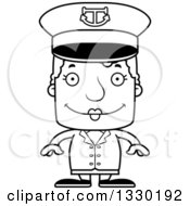Lineart Clipart Of A Cartoon Black And White Happy Block Headed White Senior Woman Boat Captain Royalty Free Outline Vector Illustration