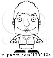 Lineart Clipart Of A Cartoon Black And White Happy Block Headed White Senior Business Woman Royalty Free Outline Vector Illustration