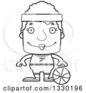 Lineart Clipart Of A Cartoon Black And White Happy Block Headed White Senior Woman Basketball Player Royalty Free Outline Vector Illustration